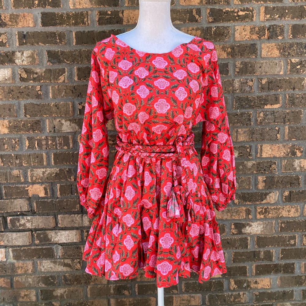 Rhode Resort Ella Red Pink Printed Dress Size Small Cotton Belted Floral Mini.